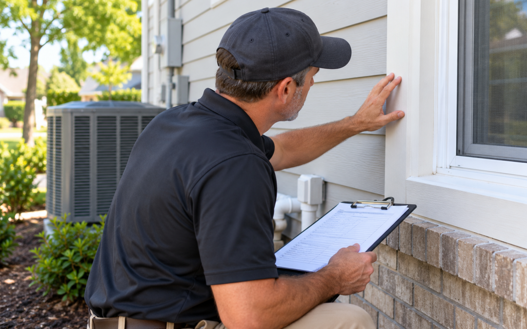 Home inspector checking completed repair work during a post-repair inspection in Muncie, Indiana